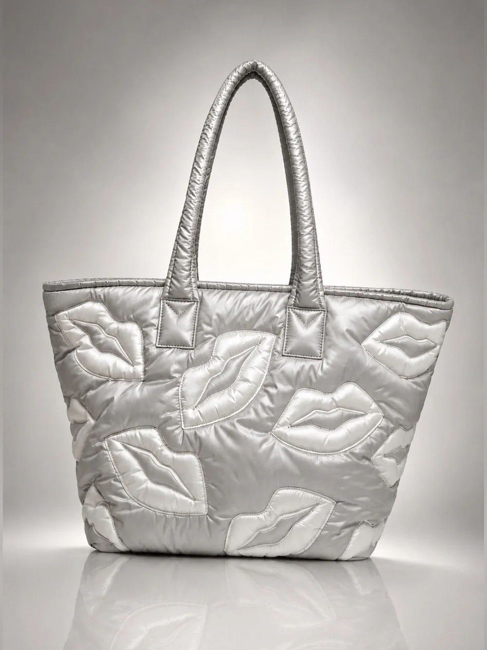 Wildfox Puffy Lips Quilted Tote Silver White NWT Zip Top Carryall